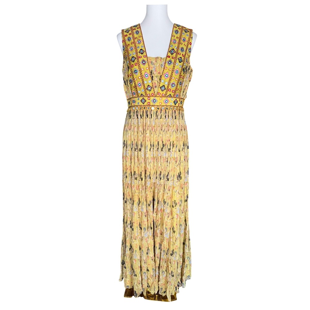 Rishi & Soujit Yellow Mirror Work Pleated Wide Leg Jumpsuit M/L Indian Designer